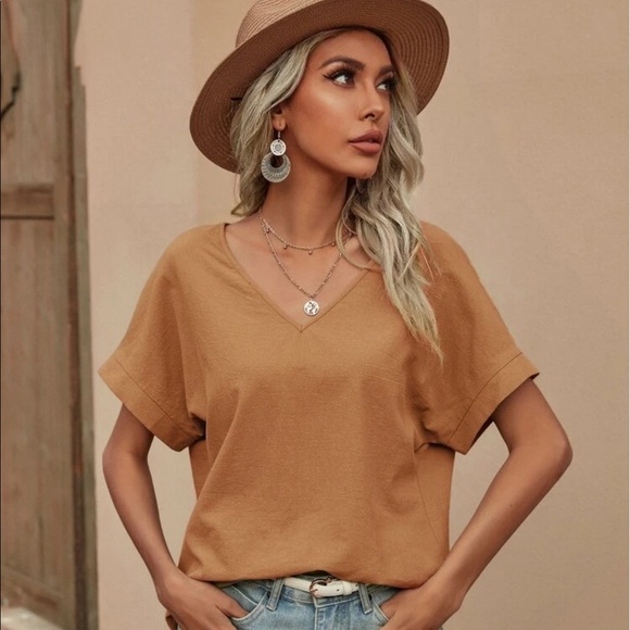 CAMEL 🐪  V-NECK BATWING SLEEVE SOLID BLOUSE - Picture 6 of 9